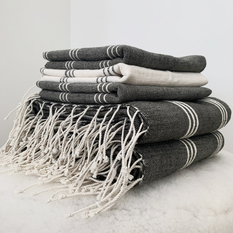 Tihku Towel Collection | Grey with White Stripes - Hand Woven